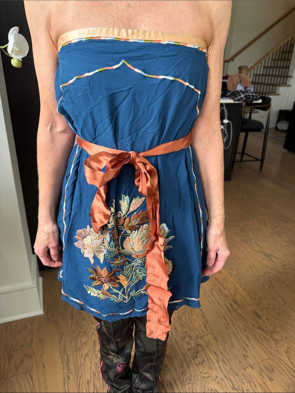 Strapless Blue Embroidered Dress with Rust Sash